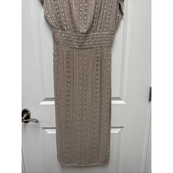 Mac Duggal Size 8 Beige 93649 Beaded Cap Sleeve Column Gown Midi Dress $498 New - Picture 10 of 14